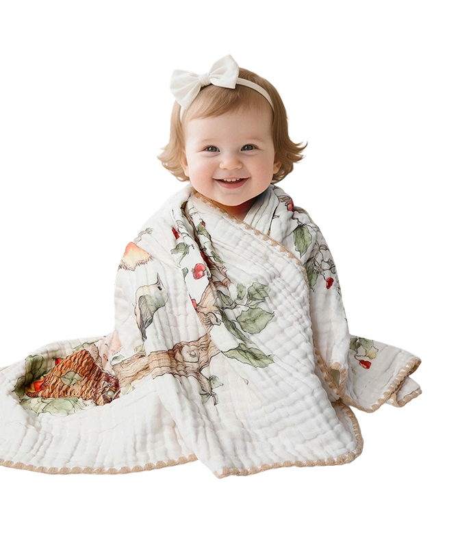 6-Layer Washed Gauze Bath Towel With Embroidered Edging (With Printed Design)