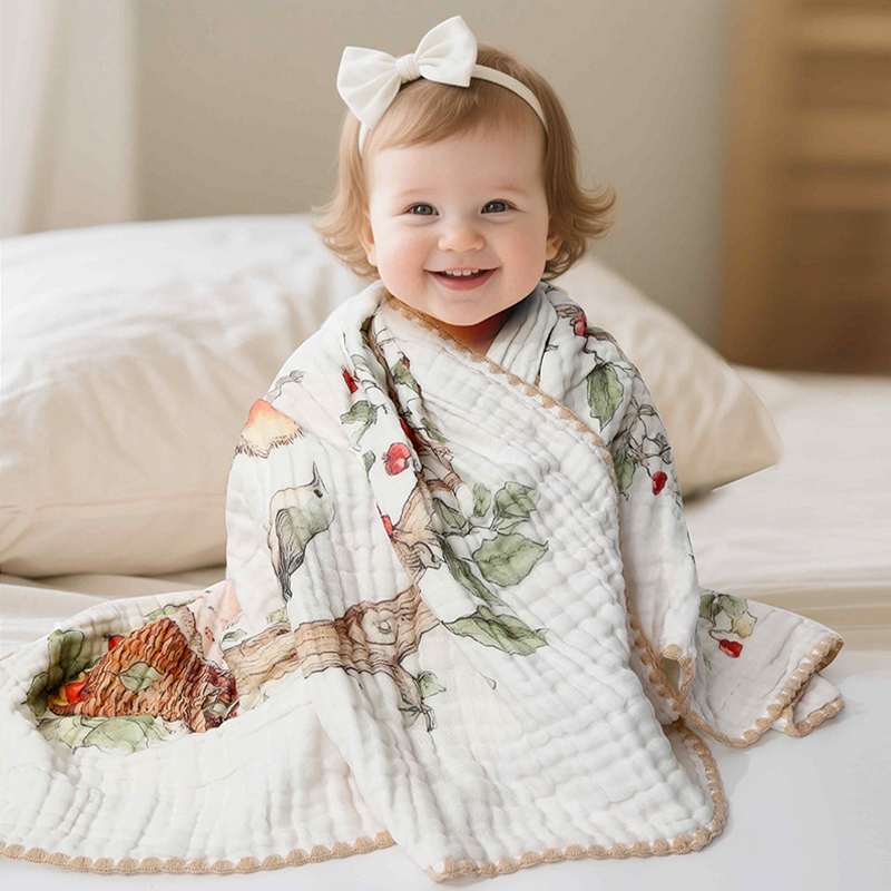 6-Layer Washed Gauze Bath Towel With Embroidered Edging (With Printed Design)