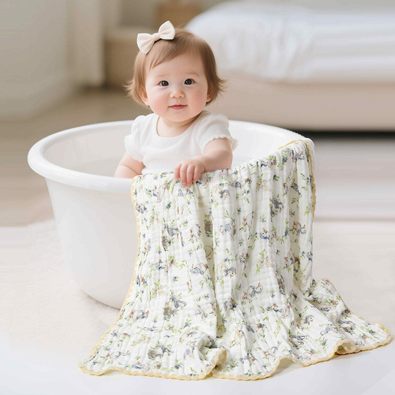 6-Layer Washed Gauze Bath Towel With Embroidered Edging (With Printed Design)