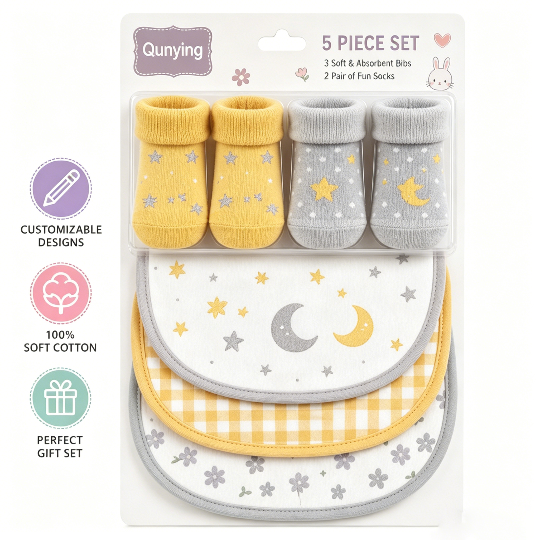 100% Cotton Eco-Friendly Strong Water Absorption Washable Baby Bibs and Sock Sets 100% Cotton Eco-Friendly Strong Water Absorption Washable Baby Bibs and Sock Sets