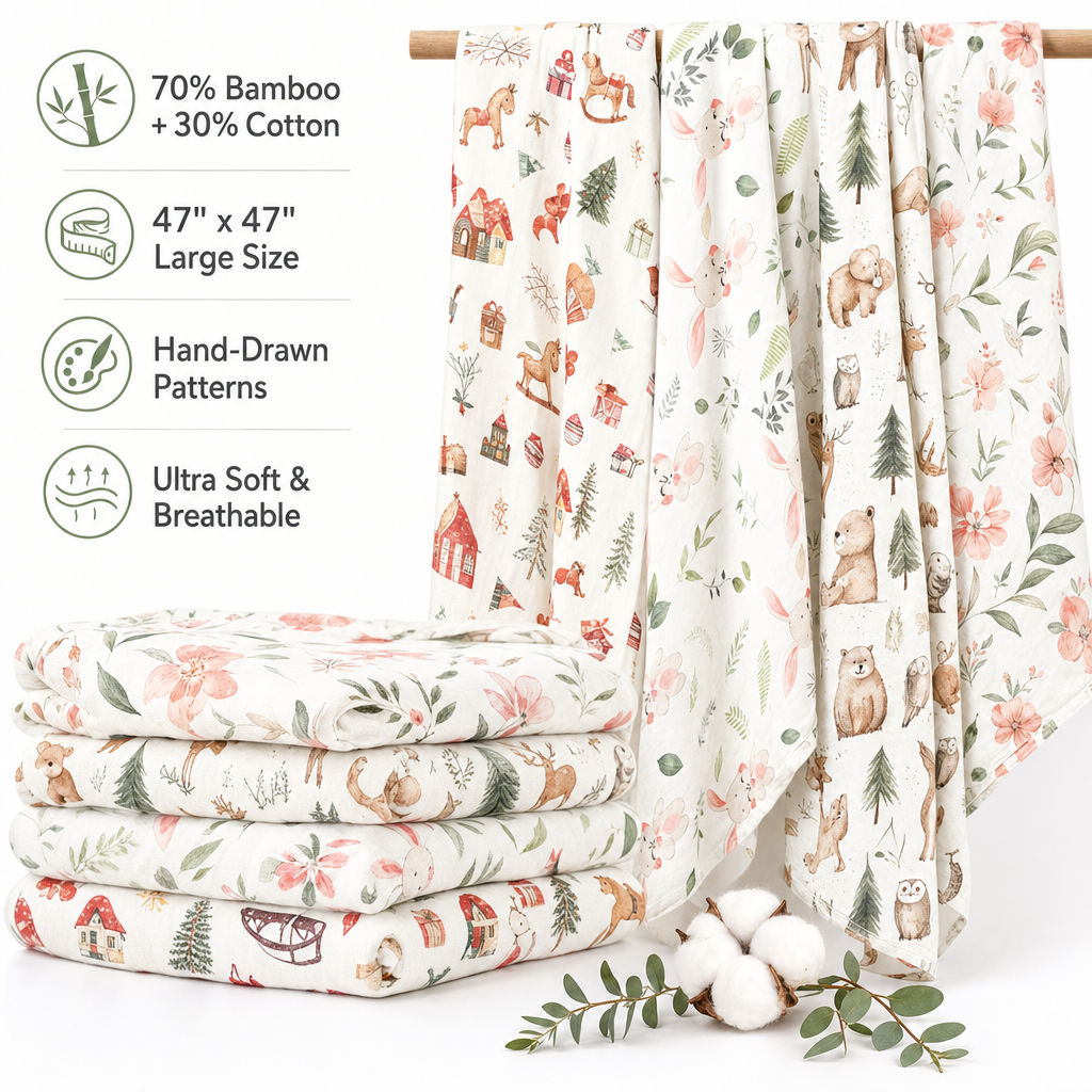 Soft Bamboo Fiber & Cotton Baby Muslin Swaddle Wrap Blanket with digital printing